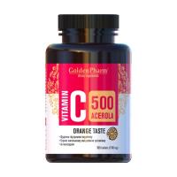 foto харчова добавка в таблетках golden pharm вітамін c acerola 500 мг зі смаком апельсина, 100 шт