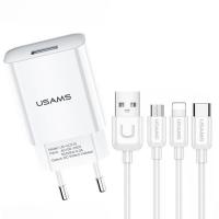 foto мзп usams-lt t18 single usb travel charger (eu) +3in1 charging cable-u turn series (білий) 1179496