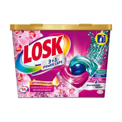 Podrobnoe foto капсули для прання losk 3+1 power caps аромотерапія малазійська квітка, 18 циклів прання, 18 шт