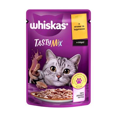 Podrobnoe foto вологий корм для дорослих кішок whiskas tasty mix з ягням та індичкою в соусі, 85 г