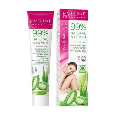Podrobnoe foto крем для депіляції eveline cosmetics 99% natural aloe vera для чутливої шкіри рук, ніг та бікіні, 125 мл