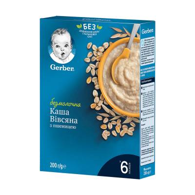Podrobnoe foto дитяча суха безмолочна швидкорозчинна каша gerber вівсяна з пшеницею, від 6 місяців, 200 г