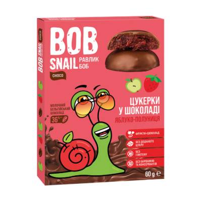 Podrobnoe foto натуральні цукерки bob snail яблучно-полуничні в бельгійському молочному шоколаді, 60 г