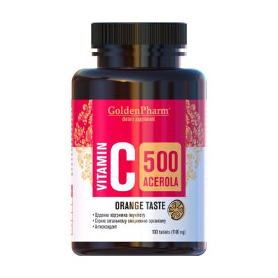 Podrobnoe foto харчова добавка в таблетках golden pharm вітамін c acerola 500 мг зі смаком апельсина, 100 шт