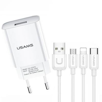 Podrobnoe foto мзп usams-lt t18 single usb travel charger (eu) +3in1 charging cable-u turn series (білий) 1179496